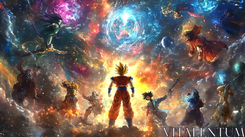 Central warrior figure amid surrounding cosmic fighters.