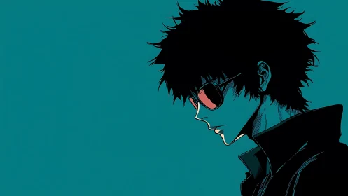 Profile view shows stylized figure in sunglasses on teal field