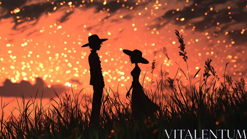 Soft silhouettes in a glittering ember-sky meadow at dusk.