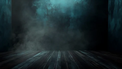 Empty wooden floor and dark smoky textured interior wall.