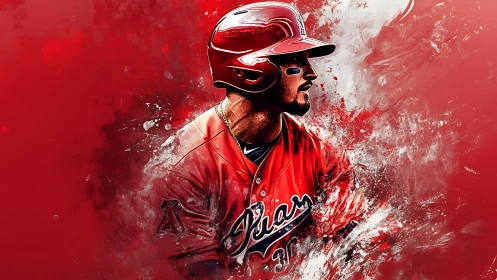 Crimson slugger blazing from a storm of painted dust.