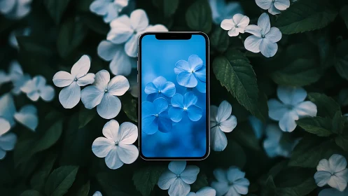 Smartphone Display with Blue Floral Wallpaper Surrounded by White Lisianthus