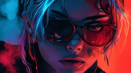 Neon lit portrait of intense woman in red sunglasses.