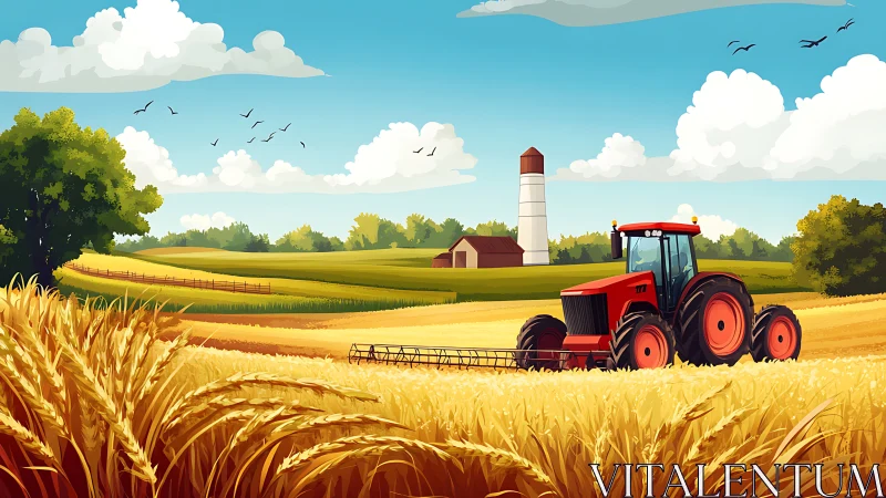 Red agricultural tractor harvesting wheat in sunlit rural valley