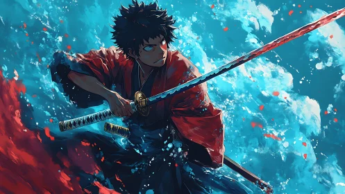 Samurai swordsman in dynamic blue and red abstract field.