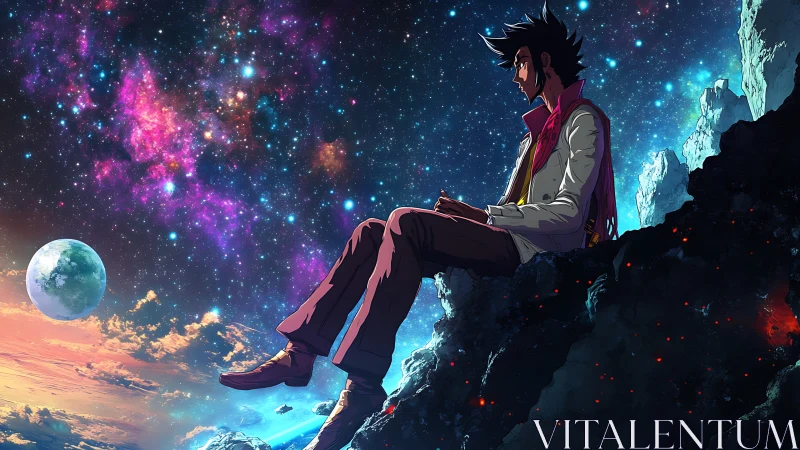 Cel-shaded astronaut drifter observes nebula-rich galactic panorama