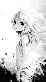 Monochrome anime girl in windswept profile amid ink-like splashes