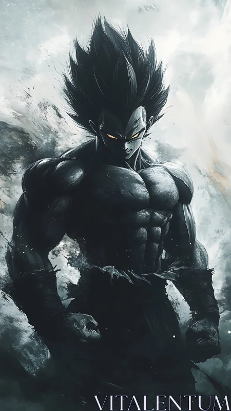 Shadow-charged anime warrior in stormy monochrome aura