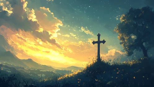 Backlit stone cross crowns hill under luminous volumetric sunset