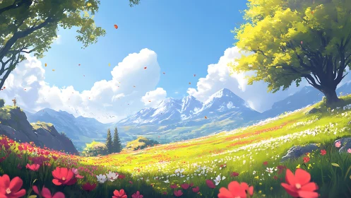 Vibrant mountain meadow under bright summer sky.