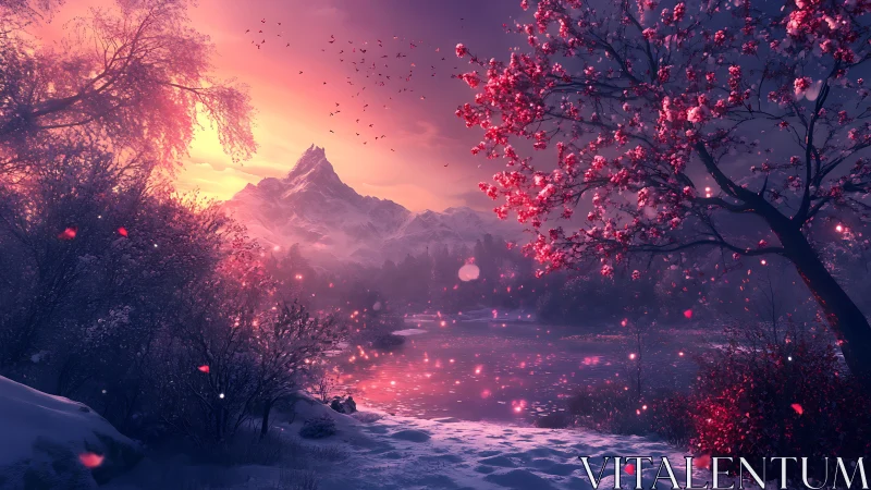 Twilight petals drift across a spellbound winter lake