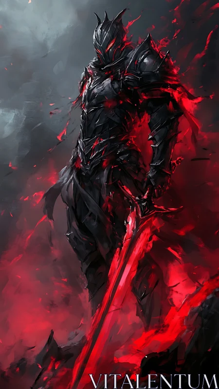 Ember-clad dark knight standing within a storm of crimson fire.