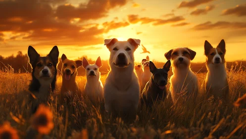 Dogs in golden sunset field form glowing loyal circle.