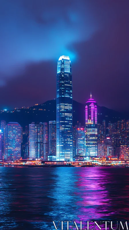 Neon skyscrapers glow over vibrant harbor waters at night.