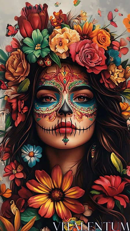 Sugar skull portrait merges floral crown and vivid symbolism.