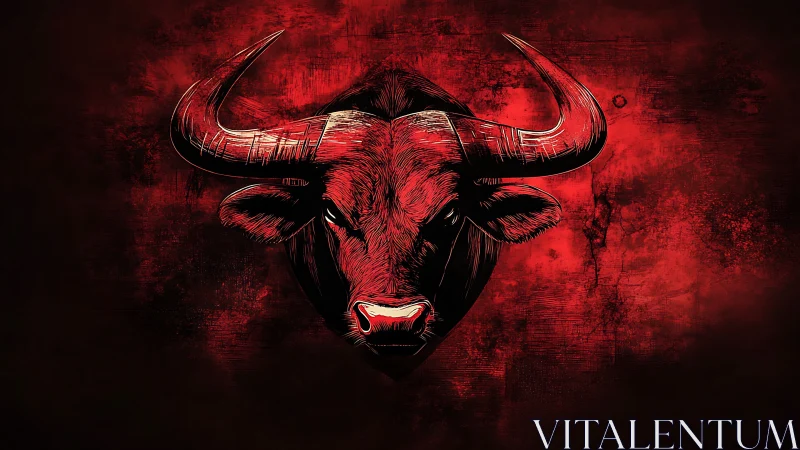 Crimson horned bull blazing against a stormy red dusk.