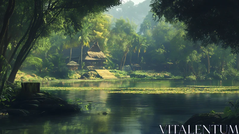 Riverside forest dwelling stands amid dense tropical vegetation