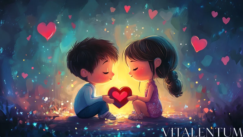 Children Sharing Glowing Heart - Luminescent Digital Fantasy Illustration