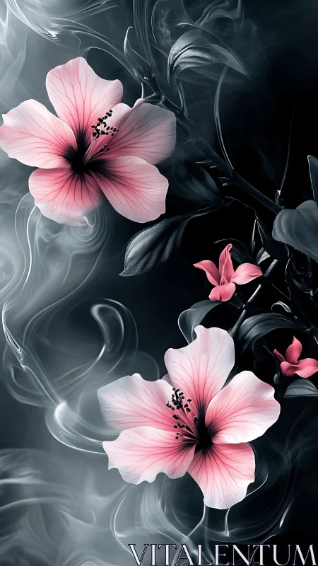 Pink hibiscus blooms glow against swirling monochrome smoke