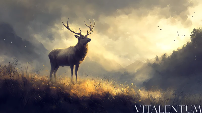 Stag stands on sunlit ridge within misty mountain valley