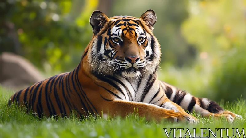 Photorealistic tiger portrait in shallow-depth grassland setting.