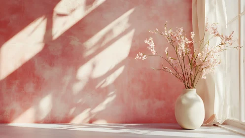 Soft daylight vase with cherry blossoms against pink wall.
