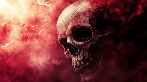 Burning crimson skull in swirling infernal smoke.