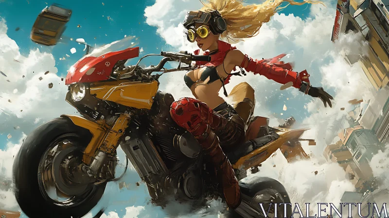 Cyberpunk biker girl launching motorcycle jump through sky.