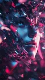 Cybernetic portrait with prismatic shards and neon bokeh glow.