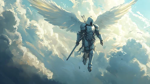 Winged armored figure descending through bright cloudscape.