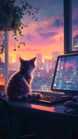 Cat observes neon city skyline through large office window