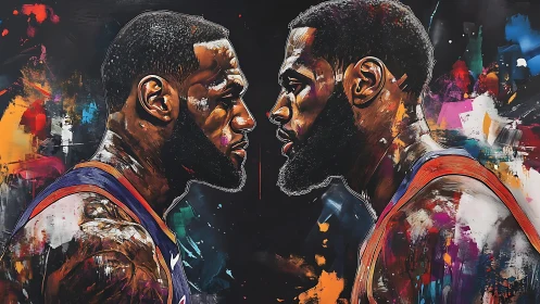 Dynamic dual basketball portrait with abstract color splashes.