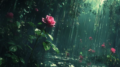 Rain-soaked roses hold their breath beneath jade curtains