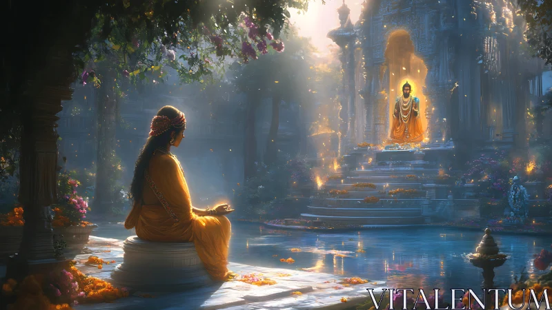 Seated figure at temple pool facing luminous statue presence.