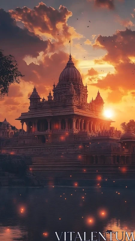 Digital painting of lakeside temple at ember-lit sunset sky.