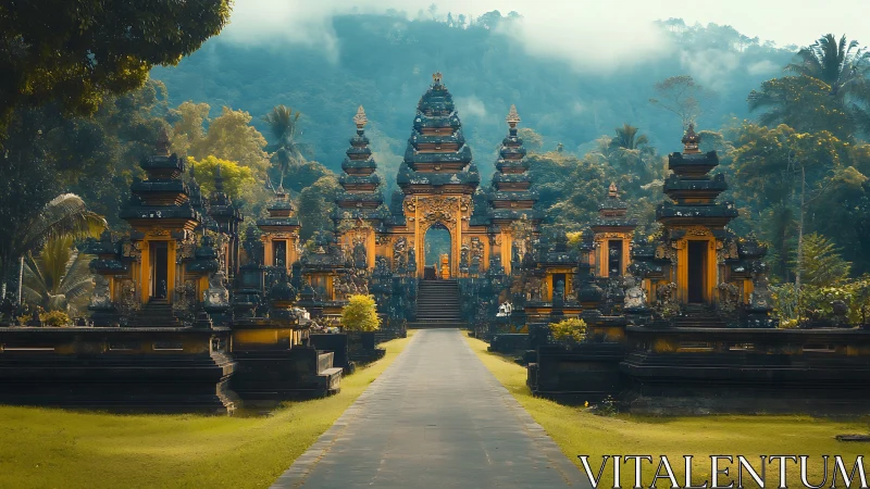 Symmetrical temple complex in tropical mountain landscape.