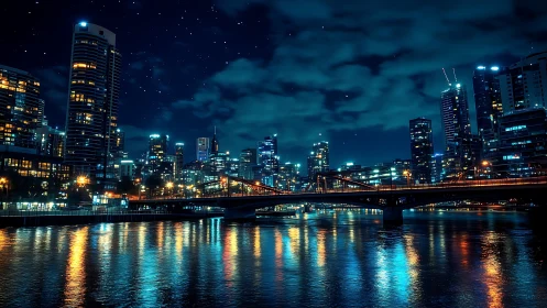 Urban riverfront skyline at night with bridge lights glowing.