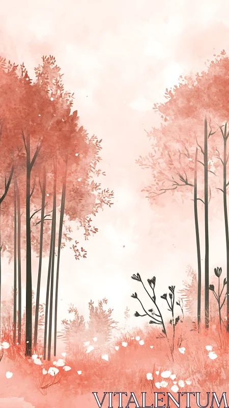 Watercolor Forest Landscape with Pink Trees and White Blossoms