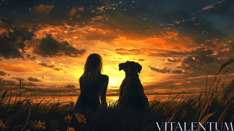 Golden sunset shared by a girl and her loyal dog in calm fields