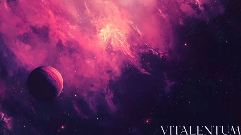 Pink gas planet orbits in front of luminous nebula field
