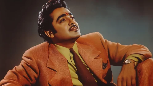 Velvet-gazed dreamer in russet suit and honeyed light.