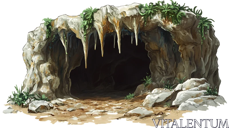 Rocky cave entrance with stalactites and sparse vegetation detail