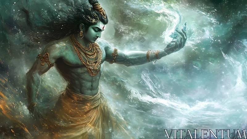 Divine warrior conjures swirling cosmic energy storm.