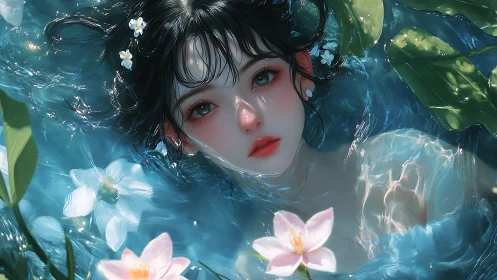 Digital painting portrait of aquatic nymph amid lotus blooms.