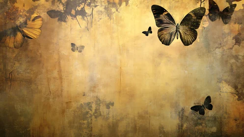 Golden sepia butterflies drifting across textured sky.