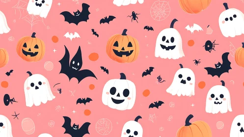 Playful Halloween ghosts and pumpkins on pastel pink background.