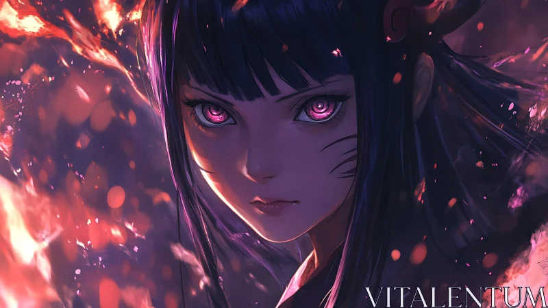 Intense anime girl portrait with glowing pink eyes.
