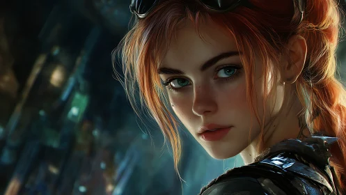 Fearless red haired explorer gazes ahead with quiet resolve