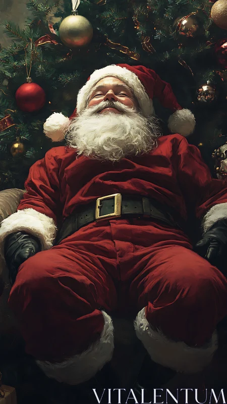 Relaxed Santa Claus resting in front of decorated tree.