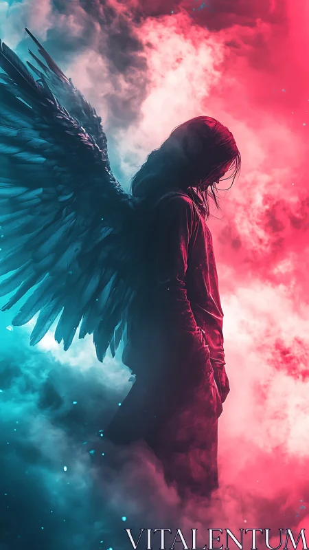 Neon storm seraph striding between cotton candy clouds.